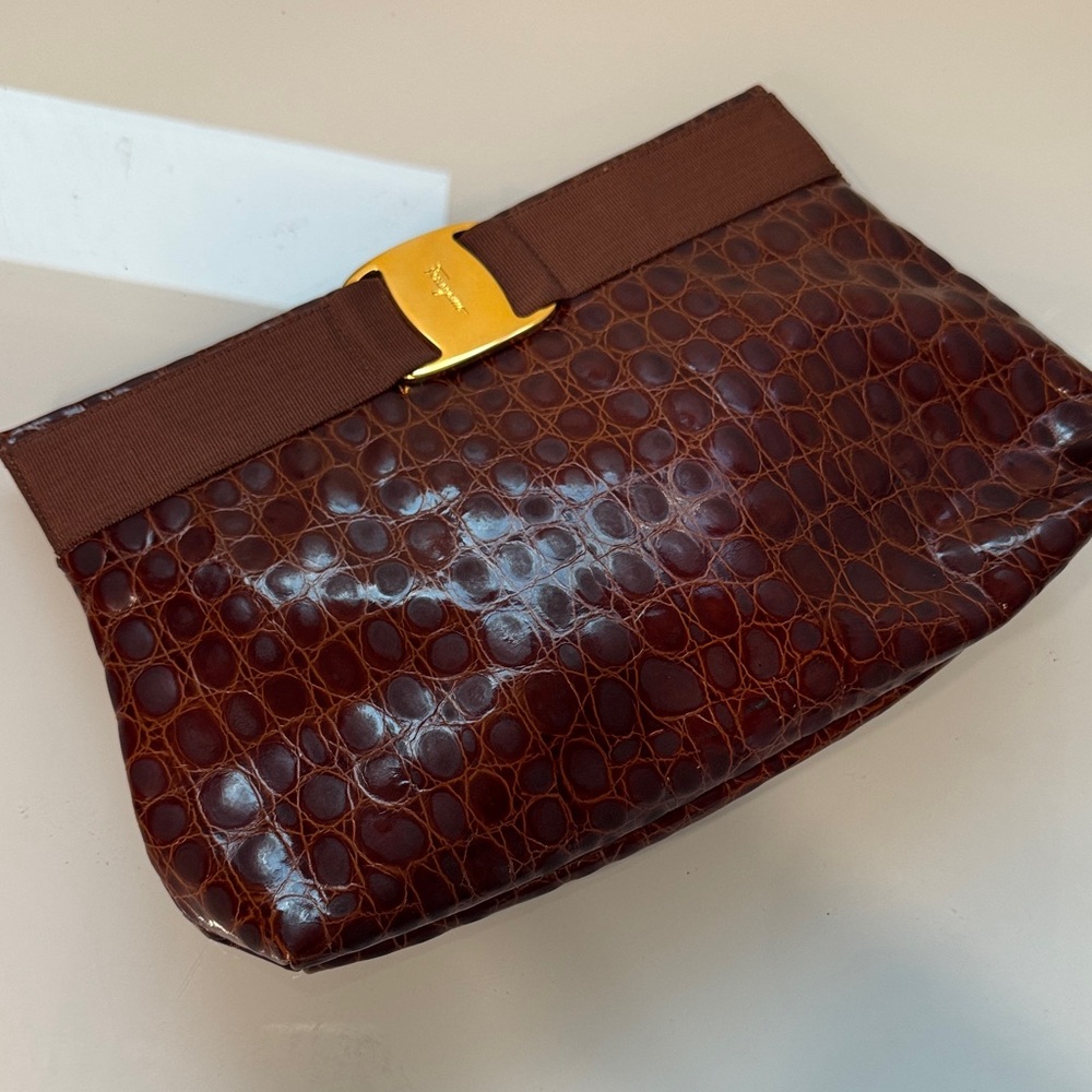 Salvatore Ferragamo VINTAGE Gancini Brown Croc Embossed Patent Leather